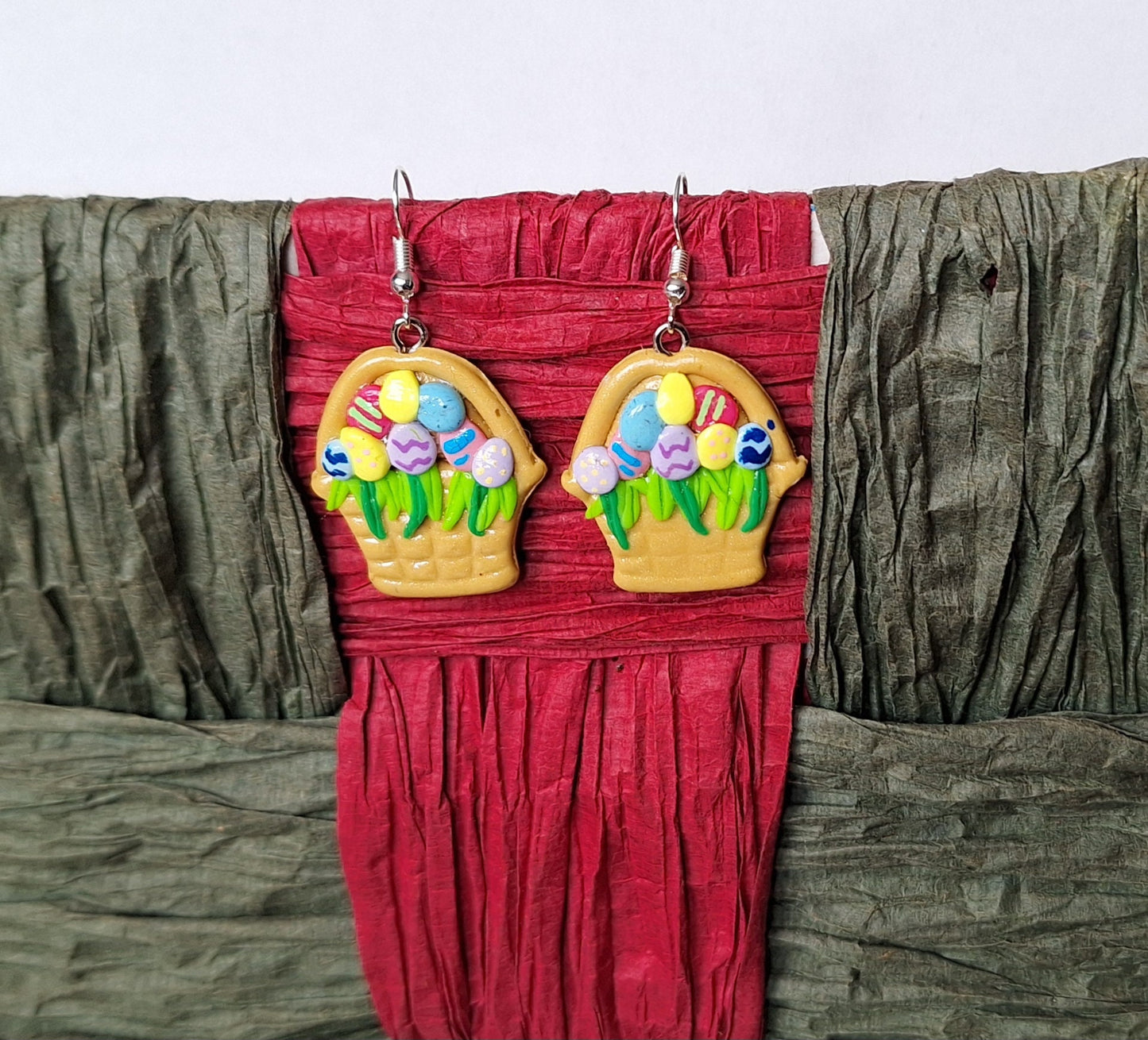 Kawaii clay easter egg basket earrings / polymer clay spring summer dangle stud earrings / clay easter earrings jewelry easter grass