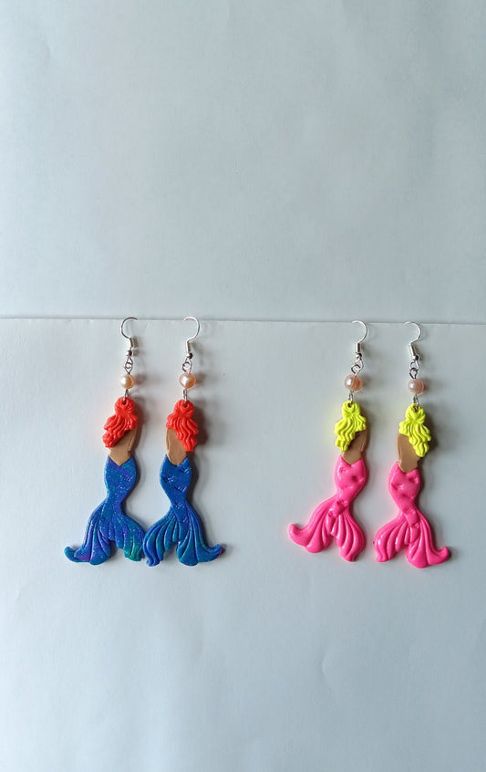 Kawaii mermaid earrings / polymer clay mermaid fin earrings / kawaii ocean aquatic jewelry / clay shell mermaid earrings aqua pink