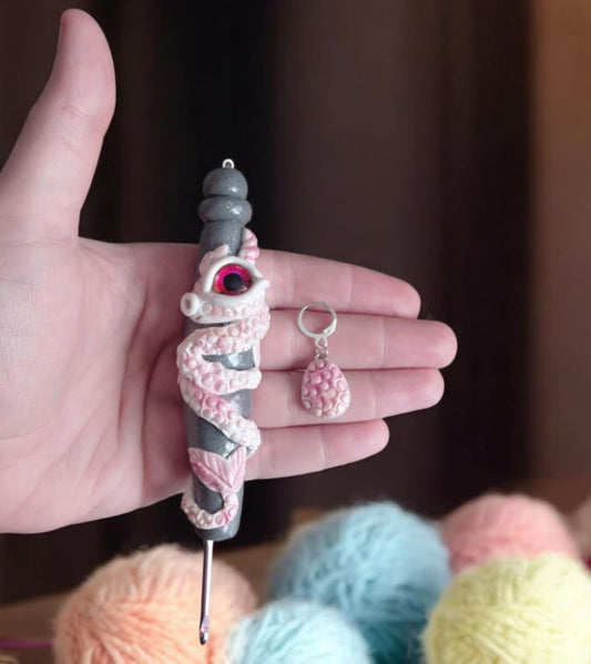 Polymer clay pink red white dragon and egg crochet hook with stitch marker