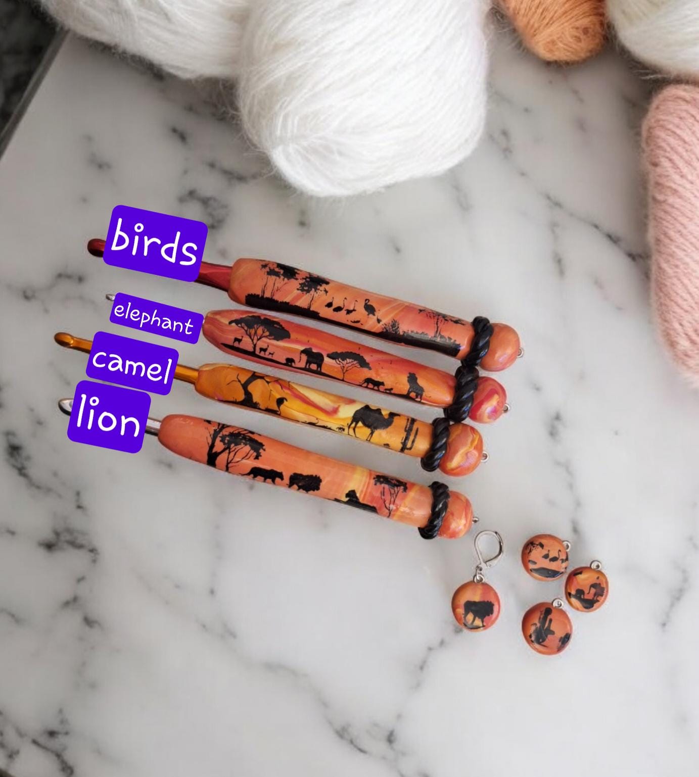 Polymer clay set of 4 animal silhouette sunset scene crochet hook stitch marker / 2-5mm lion elephant crochet hook set
