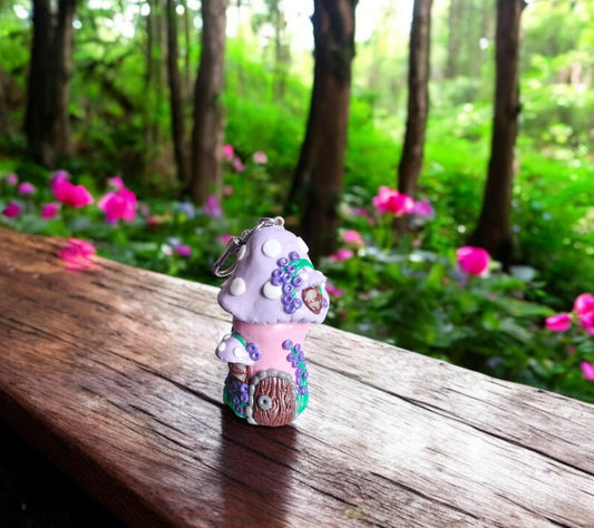 Polymer clay mushroom toadstool keychain jar / cottage core lavender pink clay mushroom keychain / functional keychain / key chain gift