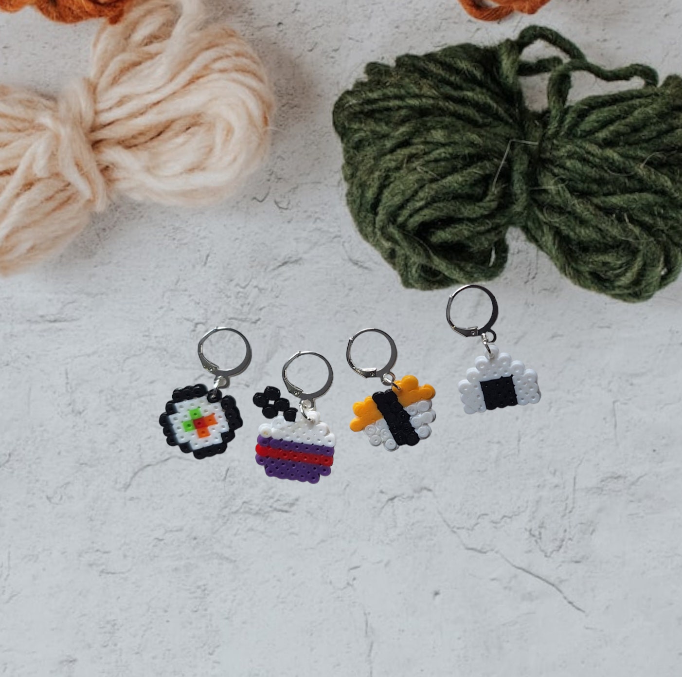 Stitch markers set 4 sushi bundle / maki nigiri rice bowl rice ball chopstick perler bead set of 4 sushi cutie progress keeper pixel style