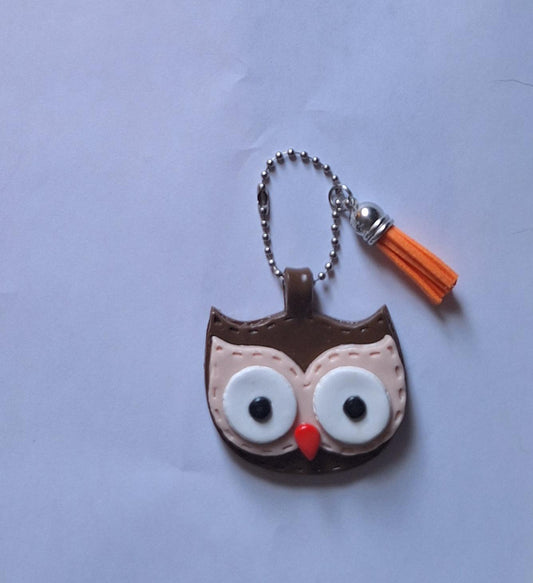Polymer clay owl faux leather look stitch style keychain / cute clay owl bag accessories key chain