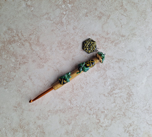 Polymer clay gold black dice d20 dragon crochet hook