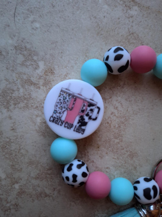 Silicone beaded wristlet keychain / crazy cup lady silicone beaded wristlet keychain / cup tumbler bag accessories key chain