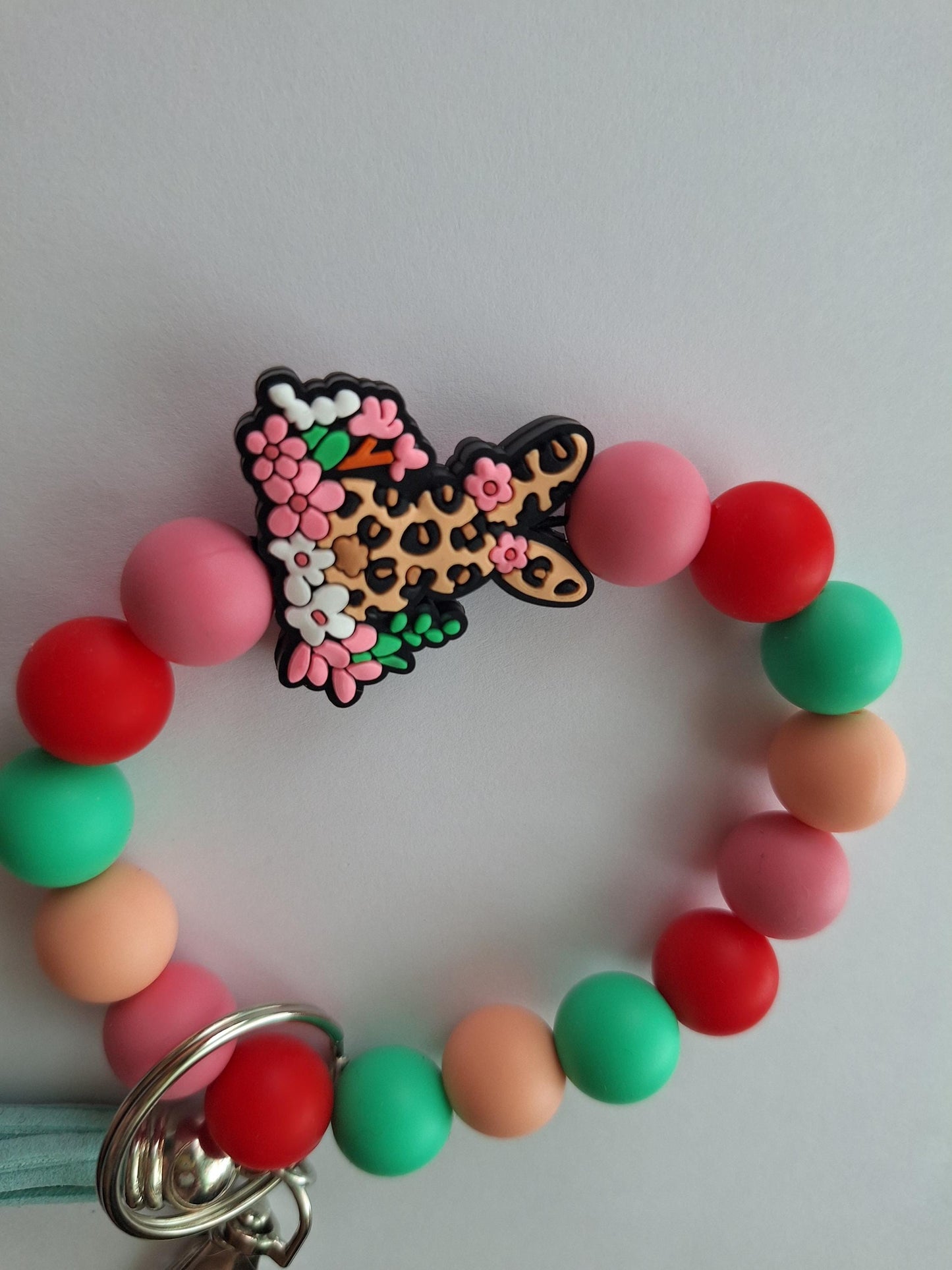 Silicone beaded wristlet keychain / leopard print floral bunny silicone beaded wristlet keychain / Easter faith bag accessories key chain
