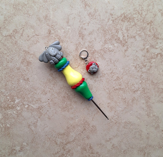 Polymer clay cute circus elephant color block crochet hook with stitch marker