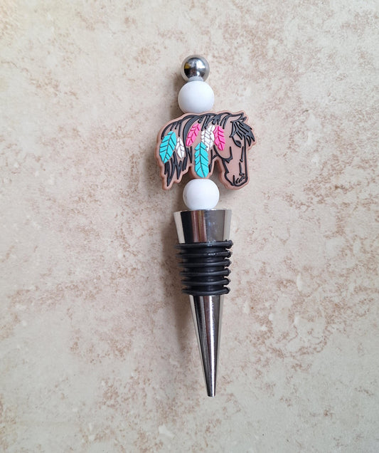 Silicone beaded brown horse wine stopper / horse in feathers wine stopper / beaded silicone wine stopper top