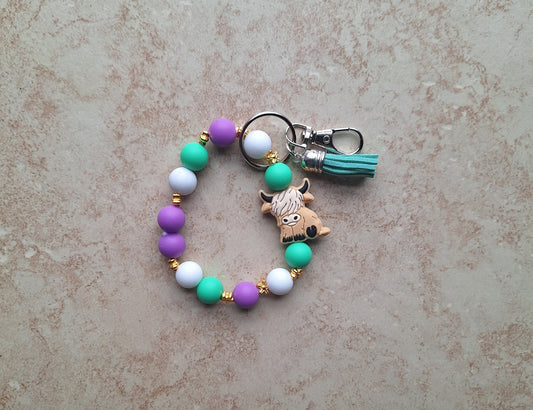Silicone beaded wristlet keychain / tan brown highland cow silicone beaded wristlet keychain / purple teal cow bag accessory key chain gift