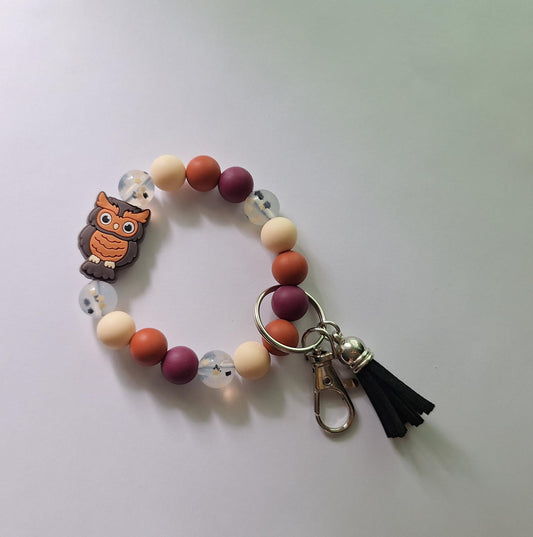 Silicone beaded wristlet keychain / fall black gold star glitter cute owl silicone beaded wristlet keychain / owl bag accessories key chain