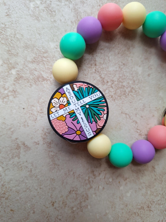 Silicone beaded wristlet keychain / let me tell you about Jesus cross beaded wristlet keychain / religious faith bag accessories key chain