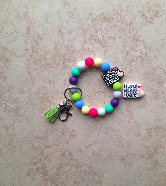 Silicone beaded wristlet keychain / i swear because i care silicone beaded wristlet keychain / swear attitude bag accessories key chain