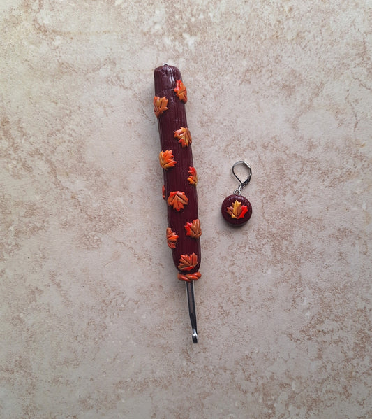 Polymer clay maple leaf fall colorful crochet hook matching stitch marker