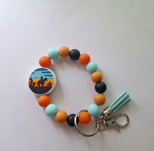 Silicone beaded wristlet / horse cactus western silhouette silicone beaded wristlet keychain / country western bag accessories key chain