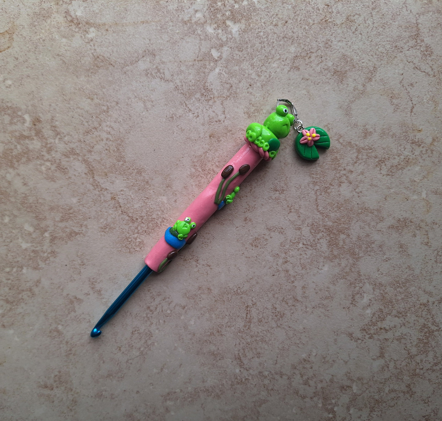 Polymer clay frog pond crochet hook with stitch marker