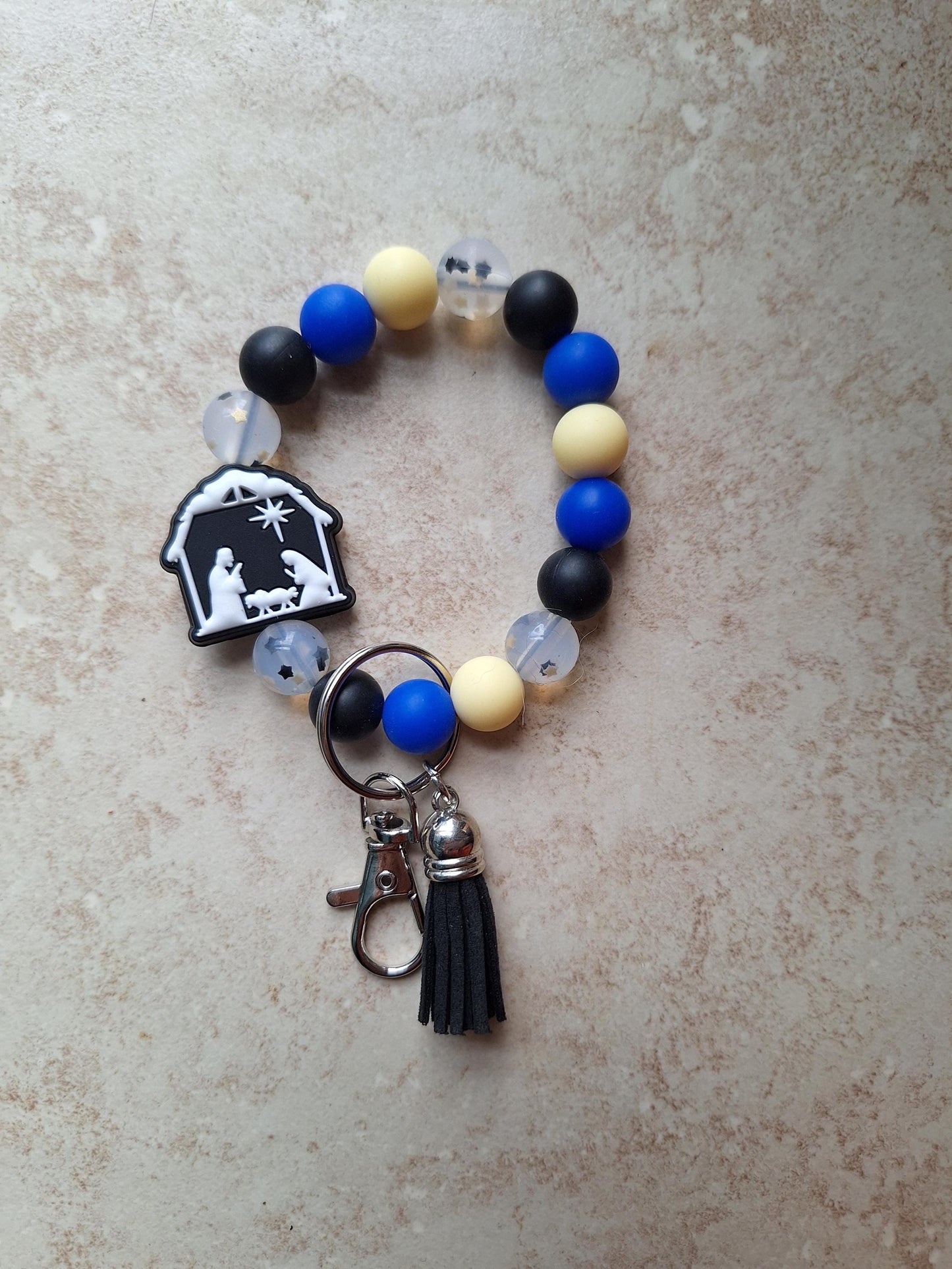 Silicone beaded wristlet keychain / winter christmas beaded wristlet christian keychain / nativity scene bag accessories key chain gift