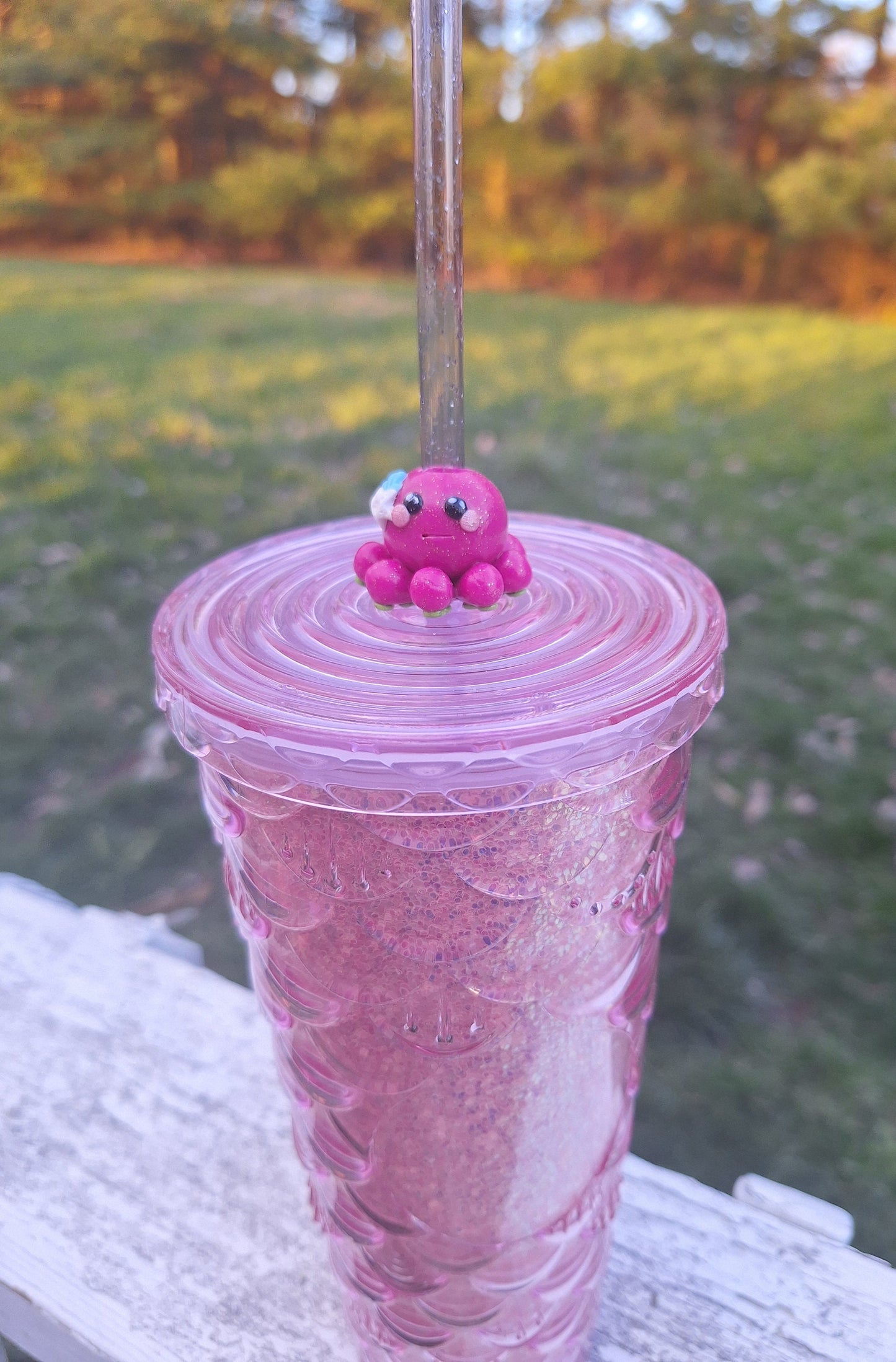 Clay octopus with starfish shell straw buddy charm tumbler accessories / tumbler charm straw buddy / pink octopus squid straw topper charm