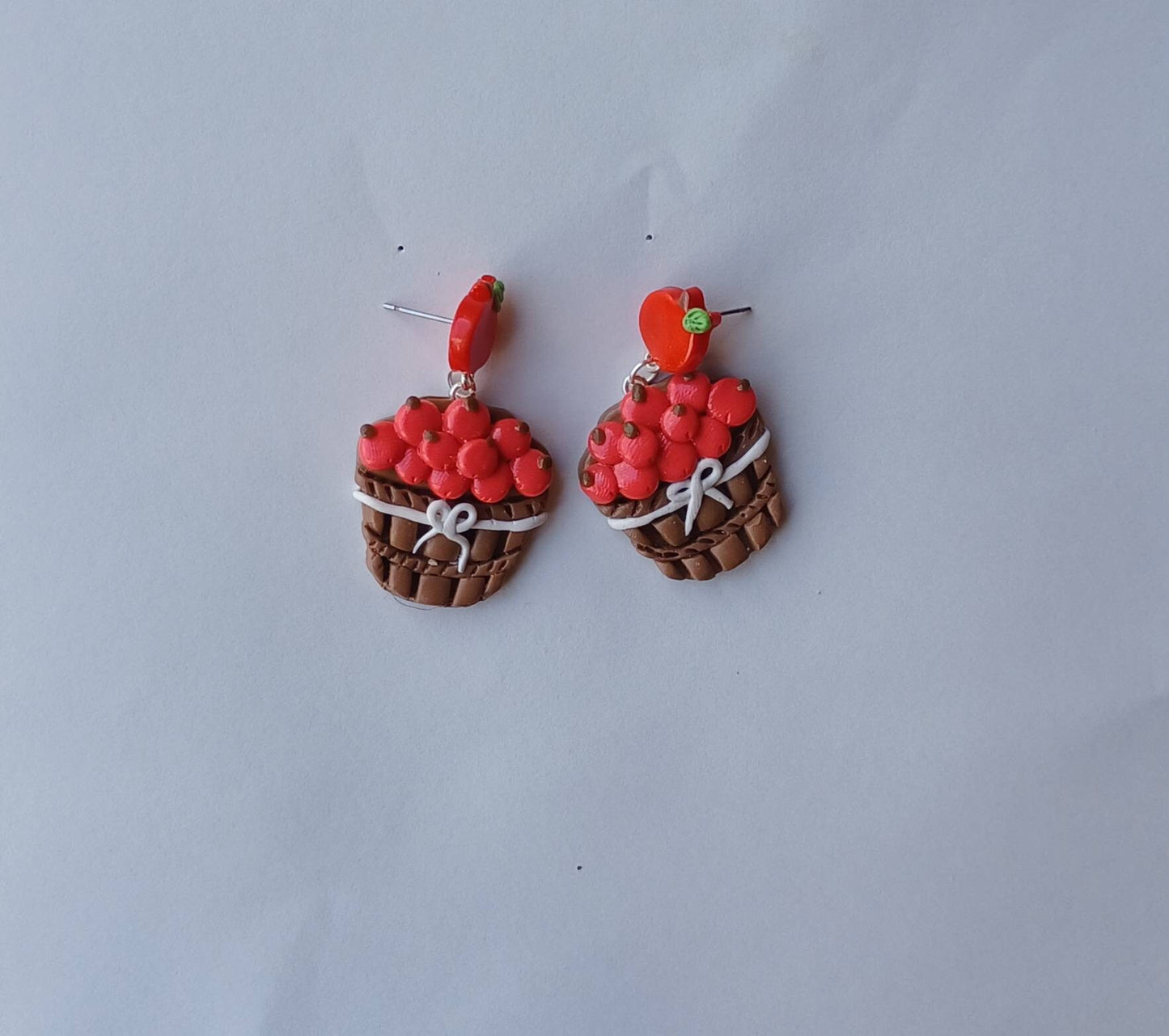 Kawaii apple earrings / polymer clay apple orchard basket stud dangle earrings / kawaii apple fall jewelry / clay autumn earrings