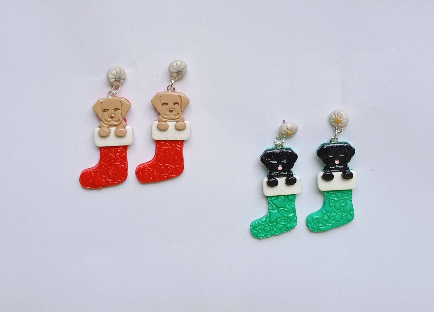 Polymer clay cat puppy dog stocking earrings / polymer clay puppy dog holiday earrings / christmas holiday winter jewelry