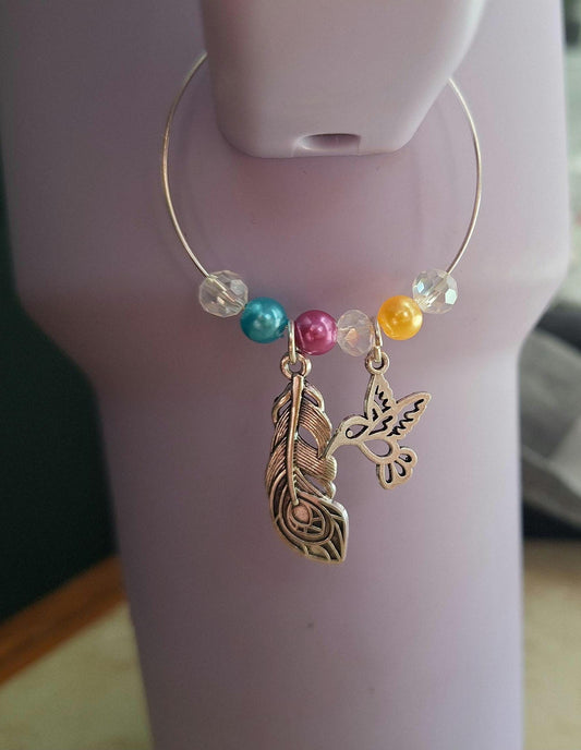 faux pearl feather floral humming bird handle charm tumbler accessories / tumbler charm buddy / feather hummingbird cup handle charm