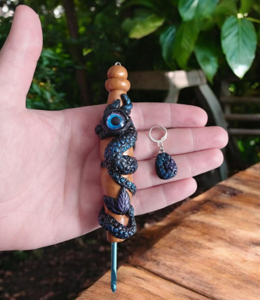 Handmade Polymer clay black blue purple dragon and egg crochet hook with stitch marker