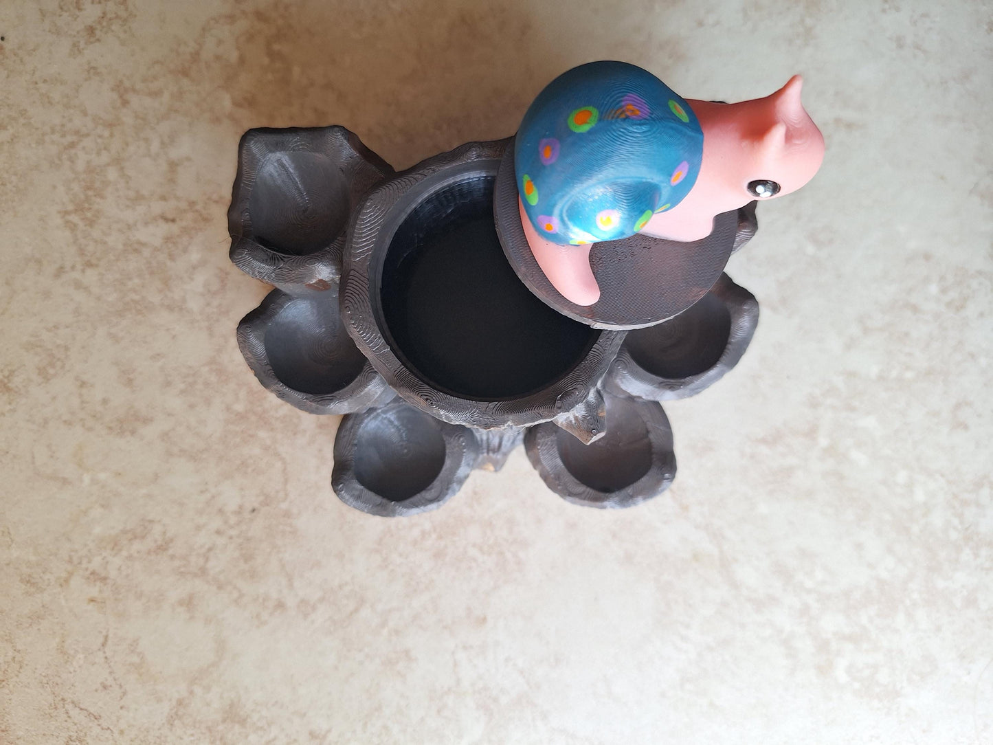 3D printed and painted snail on tree stump dice holder trinket organization storage box / snail dice buddy display / 3d print d20 dice tower