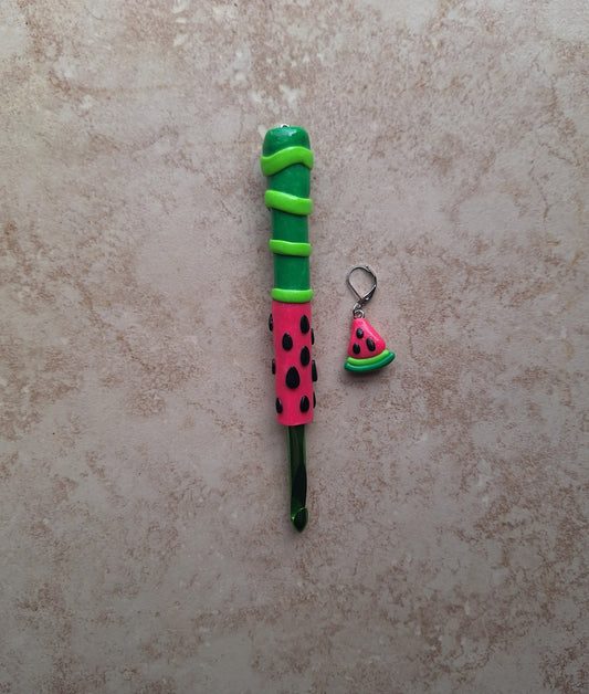 Polymer clay summer fruit watermelon crochet hook with stitch marker