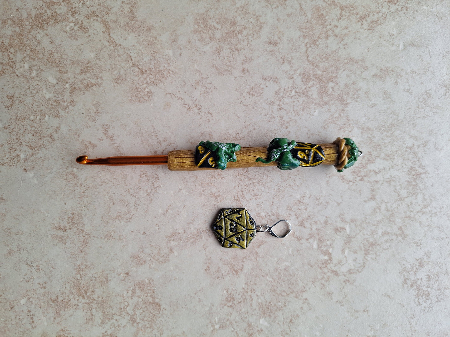 Polymer clay gold black dice d20 dragon crochet hook
