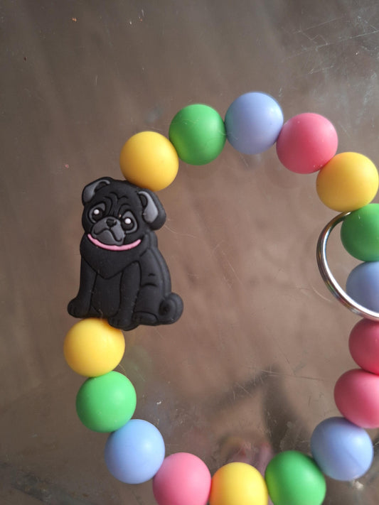 Silicone beaded wristlet keychain black gray pug / dog puppy silicone beaded wristlet keychain / pug dog mom bag accessories key chain gift