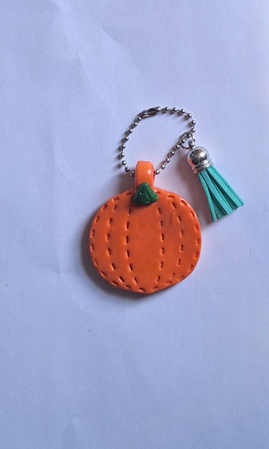 Polymer clay pumpkin faux leather look stitch style keychain / cute clay orange pumpkin bag accessories fall halloween key chain