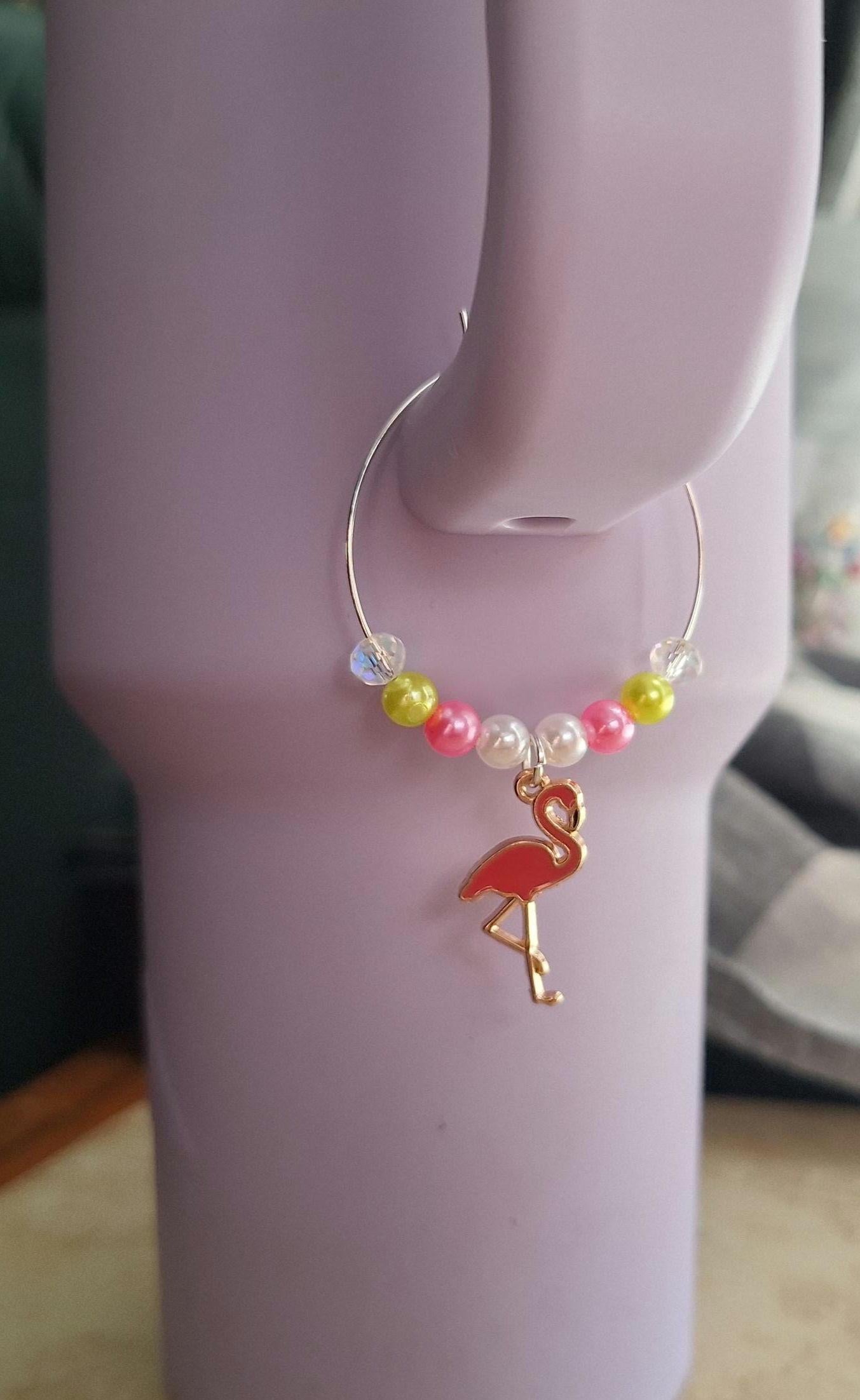faux pearl beach flamingo palm tree handle charm tumbler accessories / tumbler charm handle buddy / beach flamingo cup handle charm