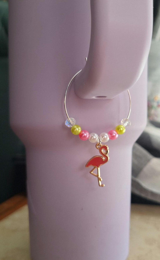 faux pearl beach flamingo palm tree handle charm tumbler accessories / tumbler charm handle buddy / beach flamingo cup handle charm