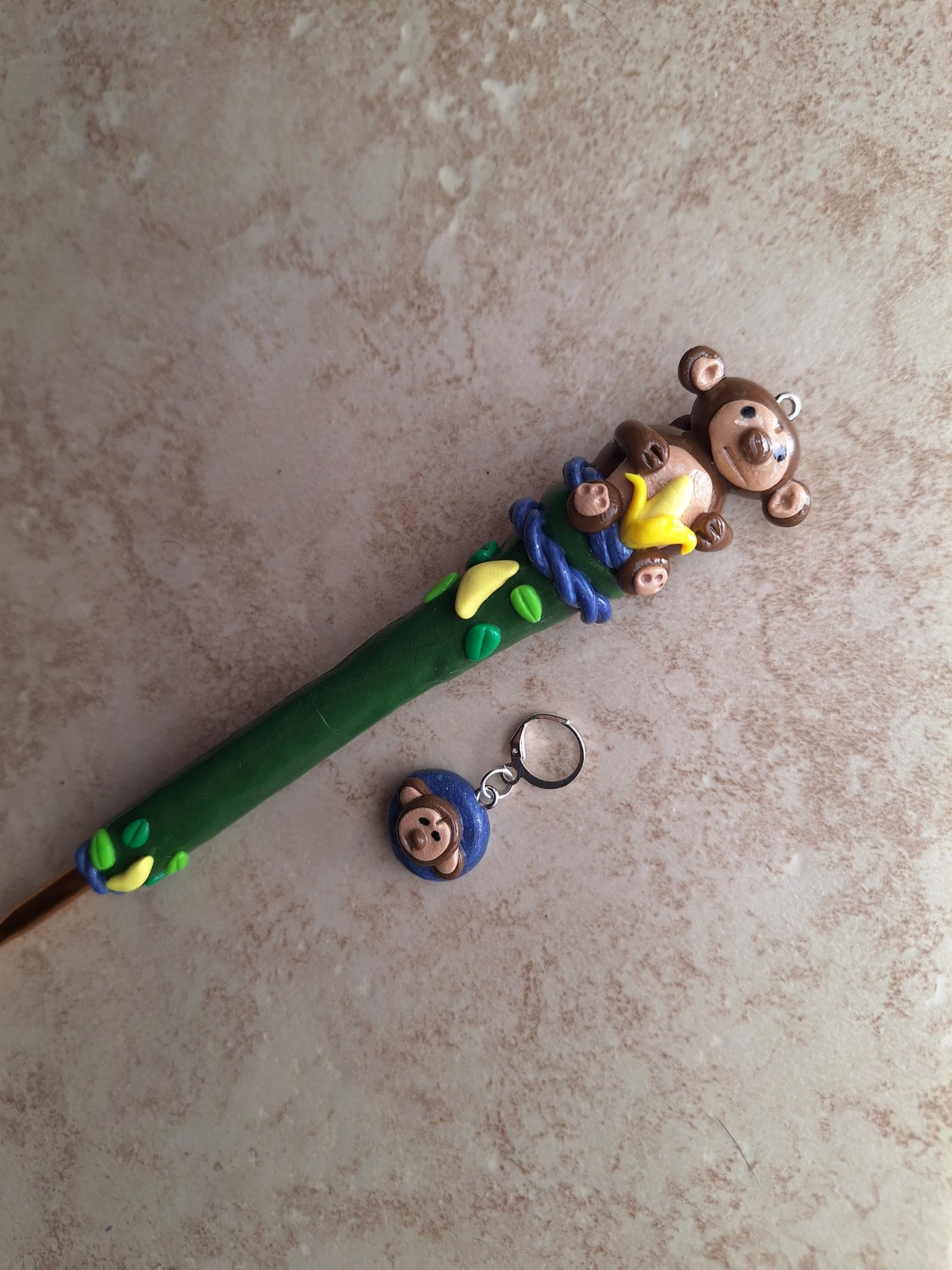 Polymer clay monkey banana jungle crochet hook with stitch marker