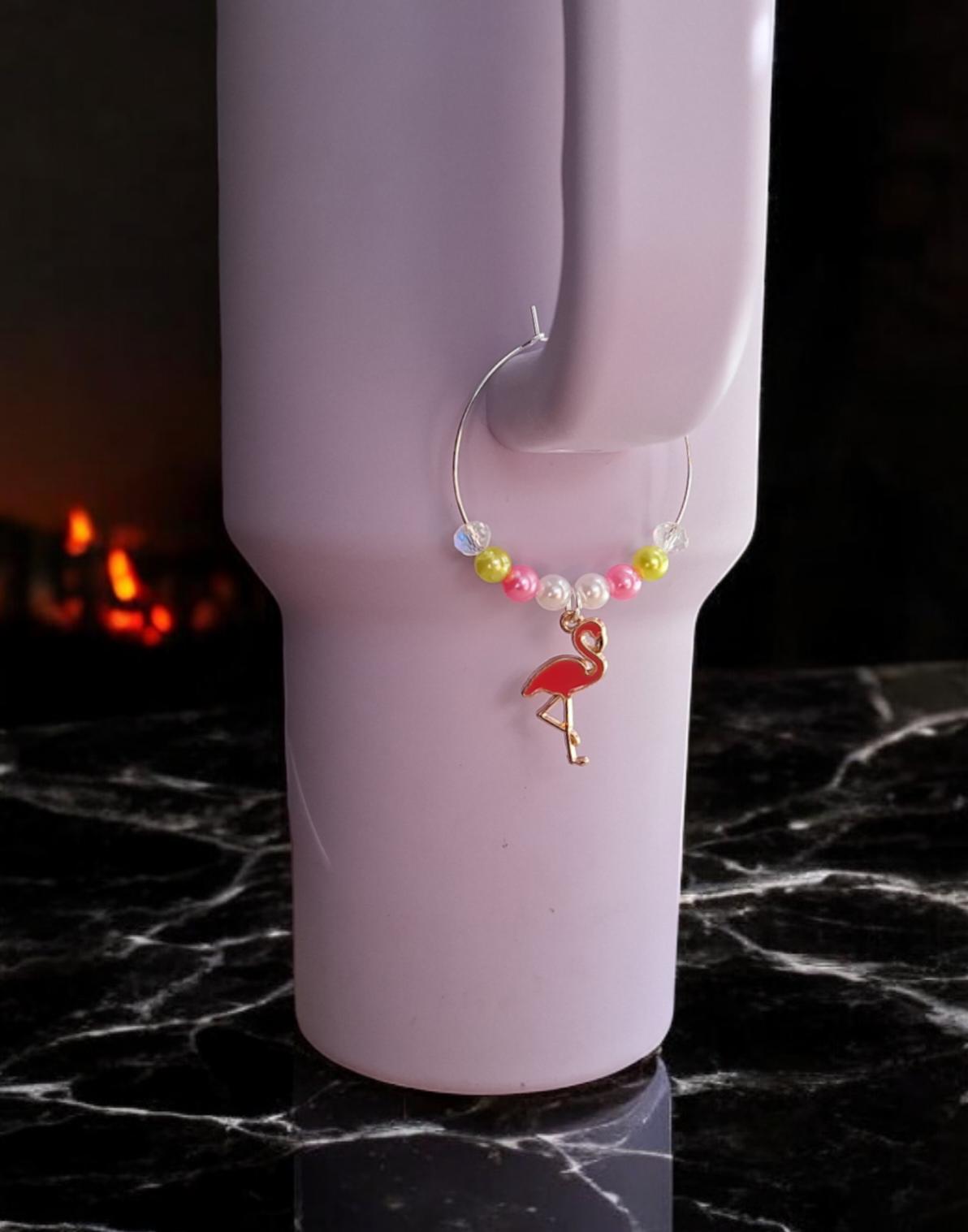 faux pearl beach flamingo palm tree handle charm tumbler accessories / tumbler charm handle buddy / beach flamingo cup handle charm