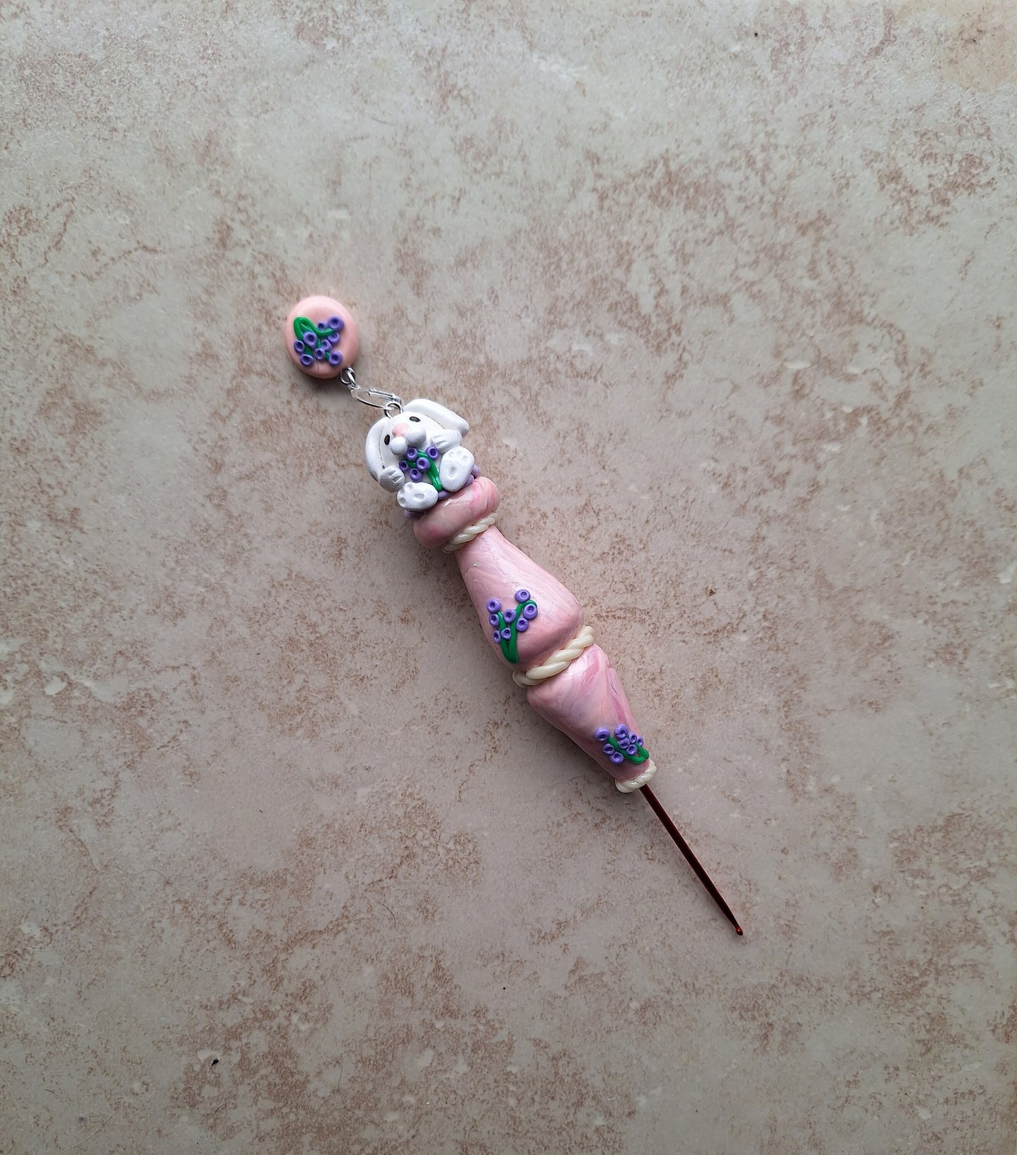 Polymer clay cute lavender bunny rabbit crochet hook with stitch marker