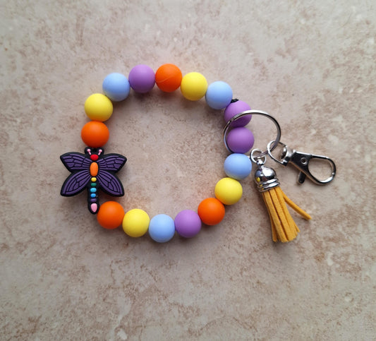 Silicone beaded wristlet keychain / rainbow dragonfly silicone beaded wristlet keychain / butterfly dragonfly bag accessories key chain