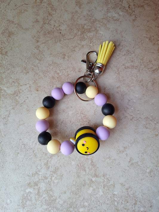 Silicone beaded wristlet keychain / spring summer cute kawaii bee silicone beaded wristlet keychain / bumblebee bag accessories key chain