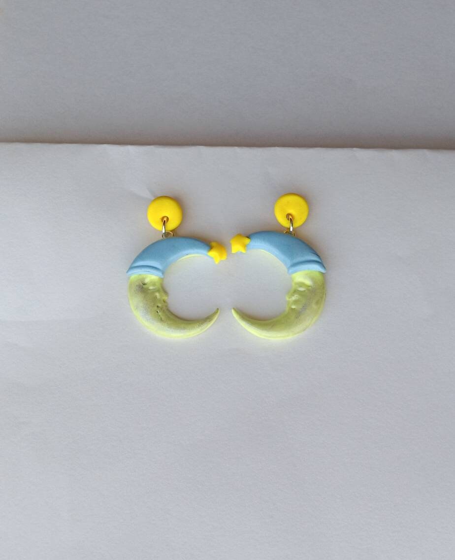 Kawaii sleepy moon earrings / polymer clay moon star earrings / kawaii space jewelry / clay sleepy moon and stars
