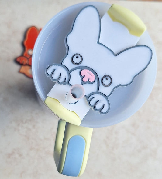 3D printed frenchie dog straw tumbler topper tumbler accessories / puppy dog tumbler topper straw tag / white dog tumbler accessories