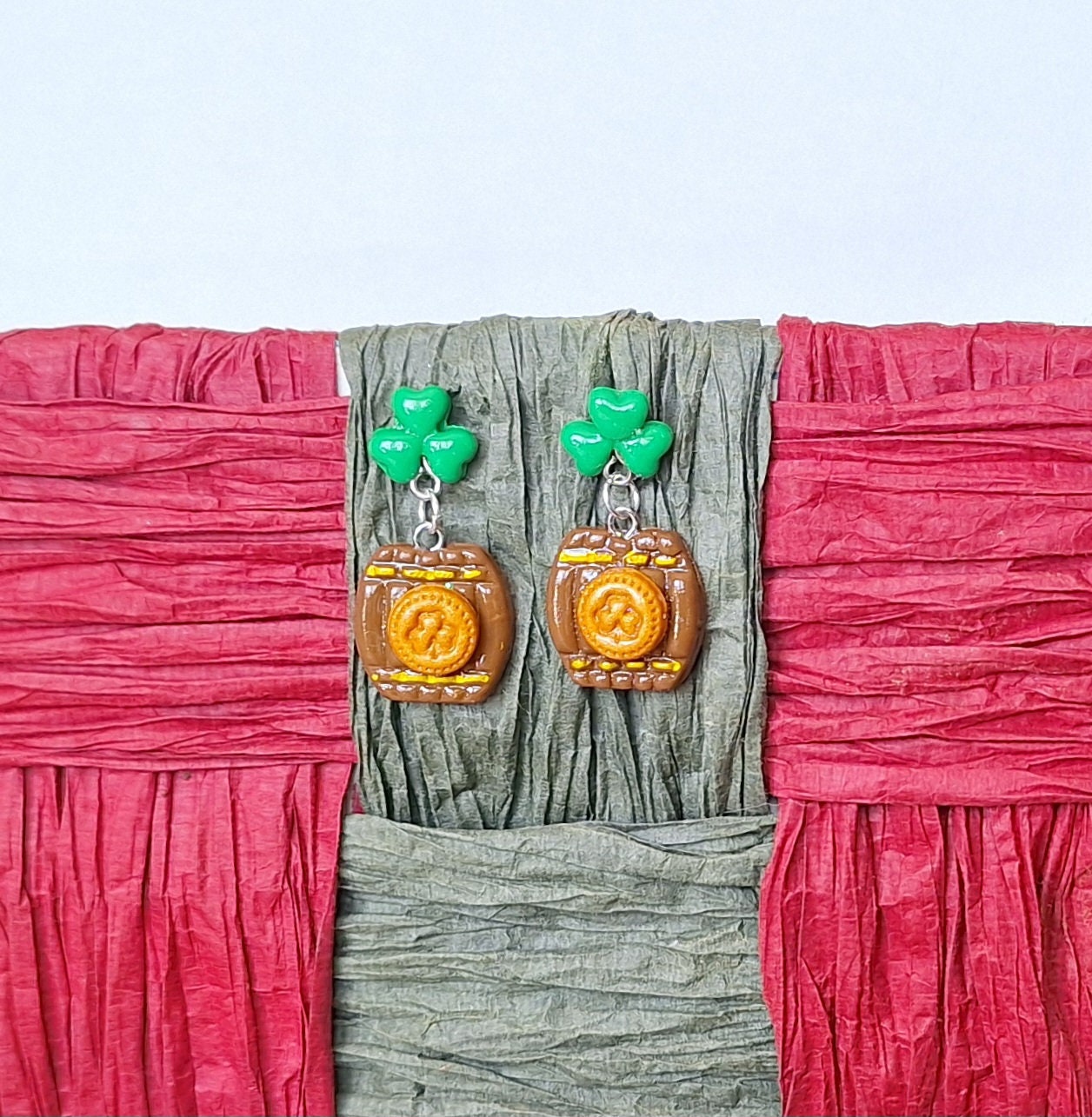 Saint patrick's day clover barrel earrings / polymer clay st patricks day dangle earrings / clover whiskey barrel stud clay earrings