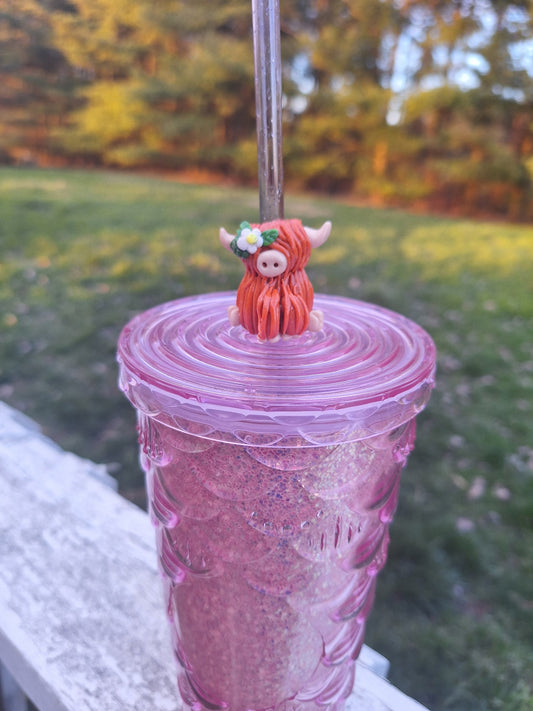 Polymer clay highland cow straw buddy charm tumbler accessories / tumbler charm straw buddy / daisy floral cow straw topper charm