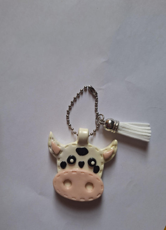 Polymer clay cow faux leather look stitch style keychain / cute clay black white cow bag accessories key chain
