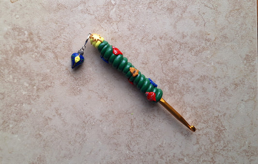Polymer swirl tree Christmas holiday crochet hook with stitch marker