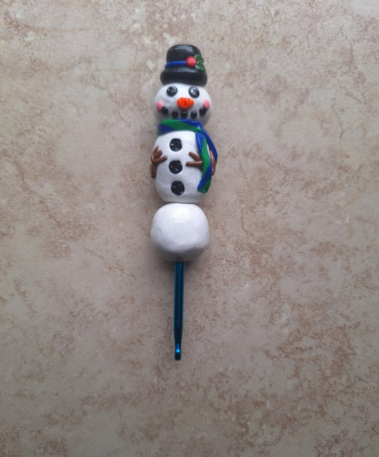 Polymer clay holiday top hat snowman crochet hook