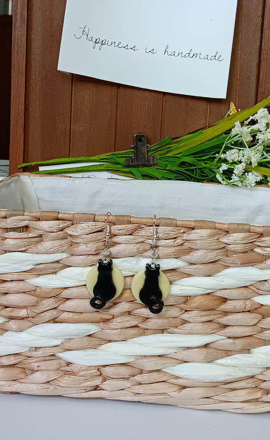 Kawaii halloween glow moon cat earrings / polymer clay holiday earrings / black cat jewelry / clay black cat glow moon earrings