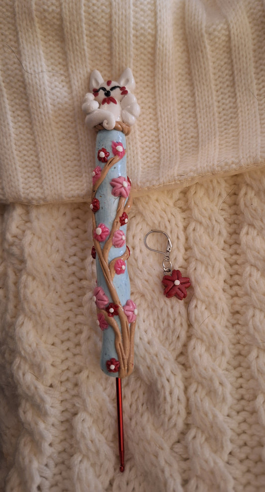 Polymer clay cute sakura cherry blossom kitsune fox crochet hook