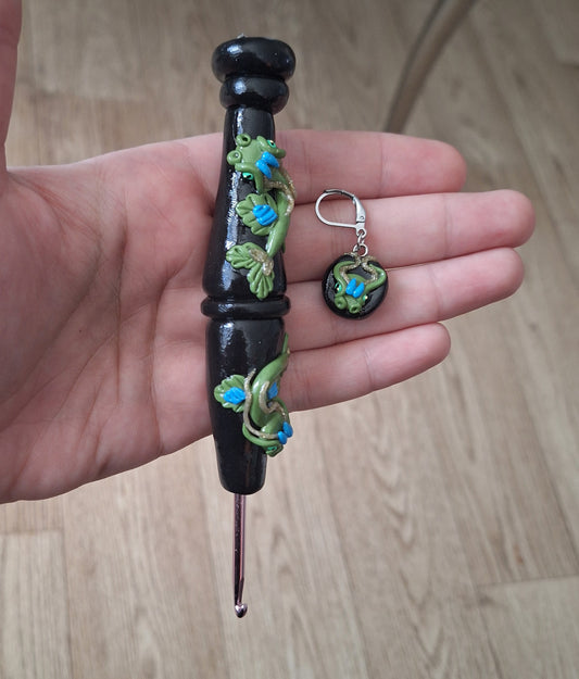 Polymer clay cute green black leafy dragon crochet hook