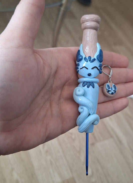 Polymer clay cute blue kitsune fox crochet hook