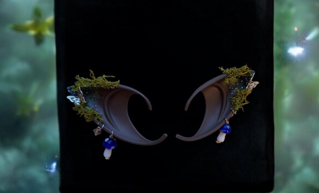 Blue mushroom toadstool rubber fairy pixie elf ears / halloween costume accessory cosplay elf ears / painted elf ears with earrings