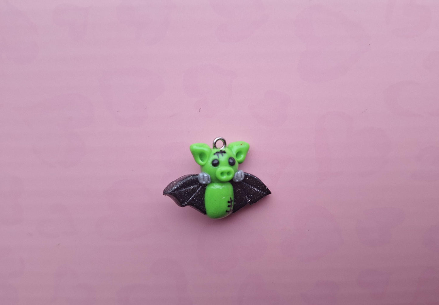 Kawaii green frankenstein bat charm / polymer clay halloween charms / clay charm jewelry / bat charm stitch marker progress keeper